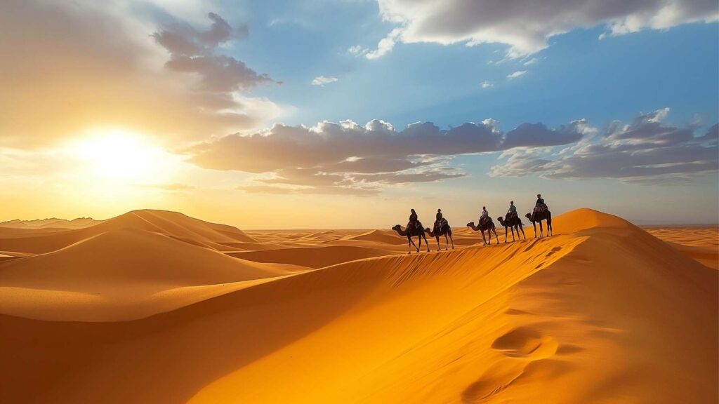 Camel caravan crossing the golden dunes of the Sahara Desert at sunset in Merzouga, Morocco