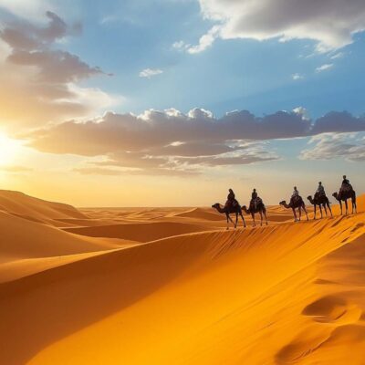 Camel caravan crossing the golden dunes of the Sahara Desert at sunset in Merzouga, Morocco