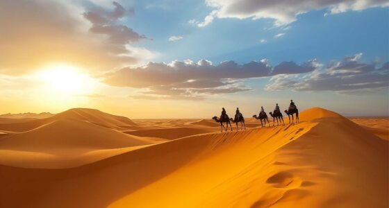 Camel caravan crossing the golden dunes of the Sahara Desert at sunset in Merzouga, Morocco
