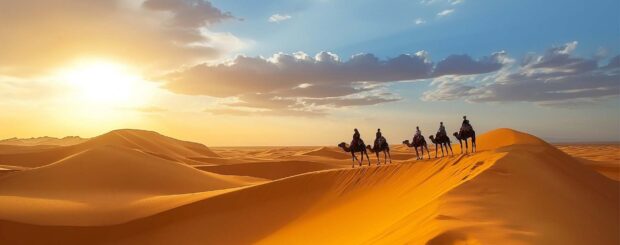 Camel caravan crossing the golden dunes of the Sahara Desert at sunset in Merzouga, Morocco