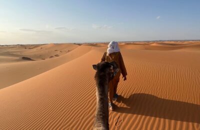 Camel trekking experience across the golden dunes of Erg Chebbi in Merzouga, Morocco.