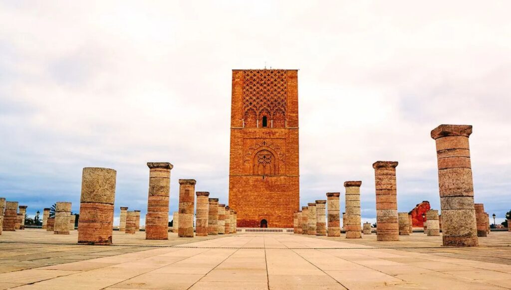 Hassan Tower in Rabat with rows of ancient stone columns on the esplanade.