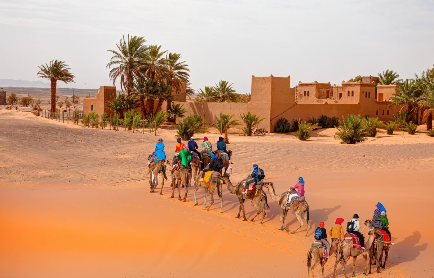 Camel caravan trekking near a traditional desert kasbah in Merzouga, Erg Chebbi, and Chegaga