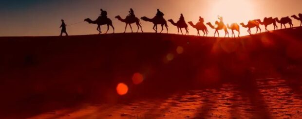Silhouette of a camel caravan crossing the Sahara dunes at sunset in Merzouga, Erg Chebbi, and Chegaga