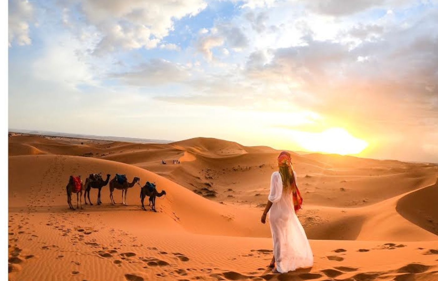 Woman walking toward a camel caravan at sunset in the Merzouga desert dunes of Morocco